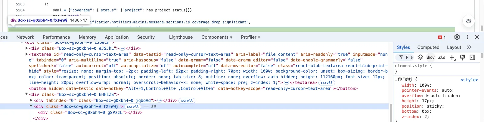 Browser dev tools highlighting how GitHub creates their custom scrollbar